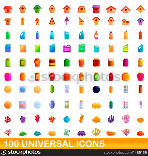 100 universal icons set. Cartoon illustration of 100 universal icons vector set isolated on white background. 100 universal icons set, cartoon style