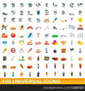 100 universal icons set. Cartoon illustration of 100 universal icons vector set isolated on white background. 100 universal icons set, cartoon style