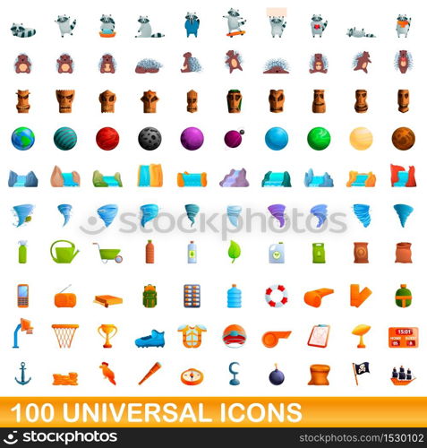 100 universal icons set. Cartoon illustration of 100 universal icons vector set isolated on white background. 100 universal icons set, cartoon style