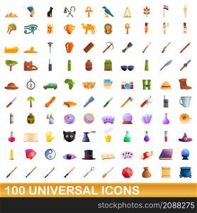 100 universal icons set. Cartoon illustration of 100 universal icons vector set isolated on white background. 100 universal icons set, cartoon style