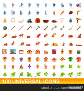 100 universal icons set. Cartoon illustration of 100 universal icons vector set isolated on white background. 100 universal icons set, cartoon style