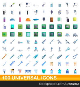 100 universal icons set. Cartoon illustration of 100 universal icons vector set isolated on white background. 100 universal icons set, cartoon style