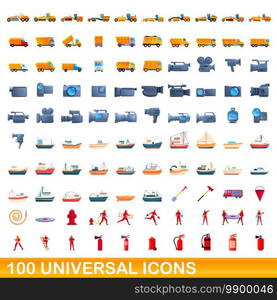 100 universal icons set. Cartoon illustration of 100 universal icons vector set isolated on white background. 100 universal icons set, cartoon style