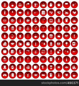 100 utensil icons set in red circle isolated on white vector illustration. 100 utensil icons set red