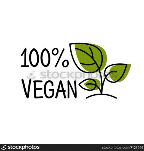 100 Vegan label line style logo with green leaf, sticker template for product packaging, vector illustration. 100 Vegan label line style logo with green leaf, sticker template for product packaging, vector