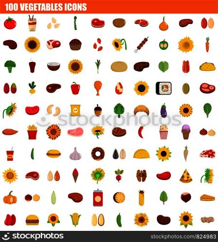 100 vegetables icon set. Flat set of 100 vegetables vector icons for web design. 100 vegetables icon set, flat style