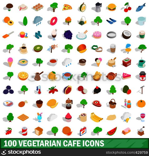 100 vegetarian cafe icons set in isometric 3d style for any design vector illustration. 100 vegetarian cafe icons set, isometric 3d style