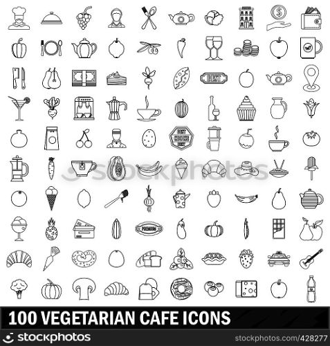 100 vegetarian cafe icons set in outline style for any design vector illustration. 100 vegetarian cafe icons set, outline style