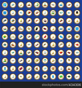 100 vehicle icons circle set on blue background cartoon style vector illustration. 100 vehicle icons set cartoon vector