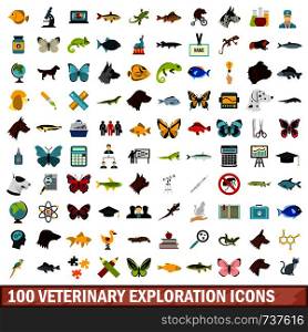 100 veterinary exploration icons set in flat style for any design vector illustration. 100 veterinary exploration icons set, flat style