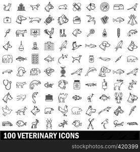 100 veterinary icons set in outline style for any design vector illustration. 100 veterinary icons set, outline style