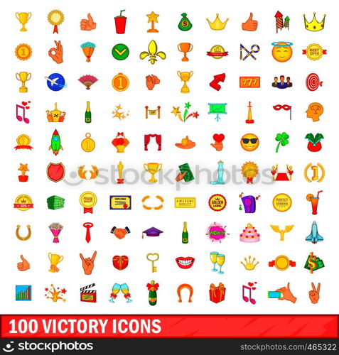 100 victory icons set in cartoon style for any design illustration. 100 victory icons set, cartoon style