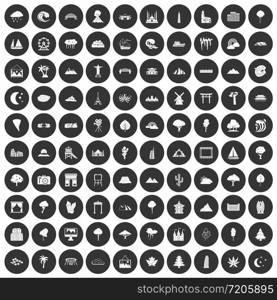 100 view icons set in simple style white on black circle color isolated on white background vector illustration. 100 view icons set black circle