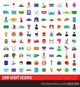 100 visit icons set in cartoon style for any design illustration. 100 visit icons set, cartoon style