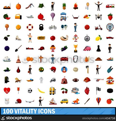 100 vitality icons set in cartoon style for any design vector illustration. 100 vitality icons set, cartoon style