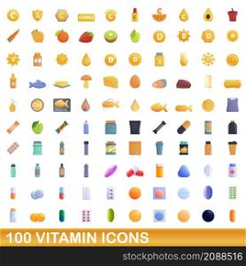 100 vitamin icons set. Cartoon illustration of 100 vitamin icons vector set isolated on white background. 100 vitamin icons set, cartoon style