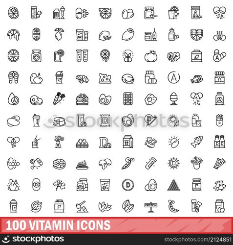 100 vitamin icons set. Outline illustration of 100 vitamin icons vector set isolated on white background. 100 vitamin icons set, outline style