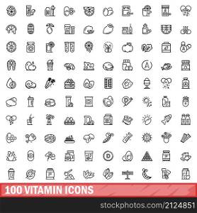 100 vitamin icons set. Outline illustration of 100 vitamin icons vector set isolated on white background. 100 vitamin icons set, outline style
