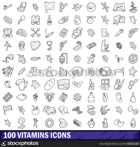100 vitamins icons set in outline style for any design vector illustration. 100 vitamins icons set, outline style