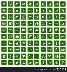 100 voyage icons set in grunge style green color isolated on white background vector illustration. 100 voyage icons set grunge green