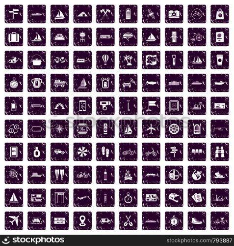 100 voyage icons set in grunge style purple color isolated on white background vector illustration. 100 voyage icons set grunge purple