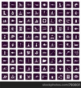 100 water icons set in grunge style purple color isolated on white background vector illustration. 100 water icons set grunge purple