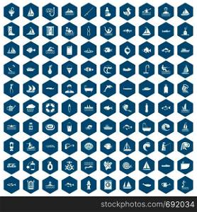 100 water icons set in sapphirine hexagon isolated vector illustration. 100 water icons sapphirine violet