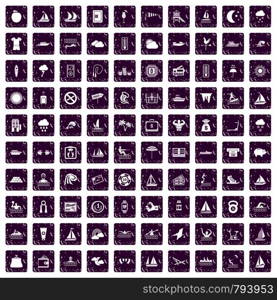 100 water sport icons set in grunge style purple color isolated on white background vector illustration. 100 water sport icons set grunge purple