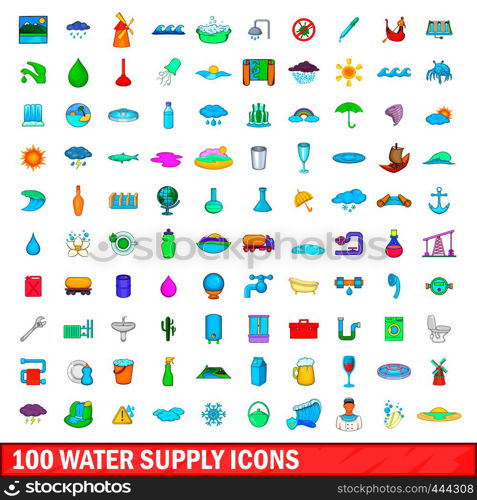 100 water supply icons set in cartoon style for any design vector illustration. 100 water supply icons set, cartoon style