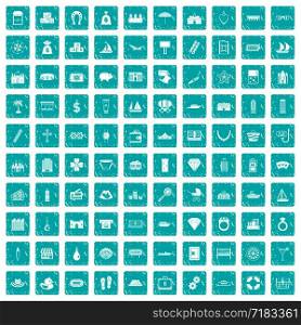 100 wealth icons set in grunge style blue color isolated on white background vector illustration. 100 wealth icons set grunge blue