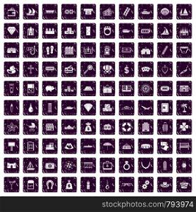 100 wealth icons set in grunge style purple color isolated on white background vector illustration. 100 wealth icons set grunge purple