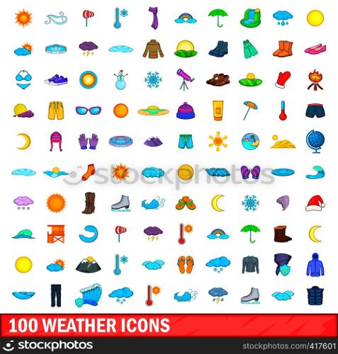 100 weather icons set in cartoon style for any design vector illustration. 100 weather icons set, cartoon style