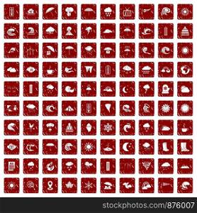 100 weather icons set in grunge style red color isolated on white background vector illustration. 100 weather icons set grunge red