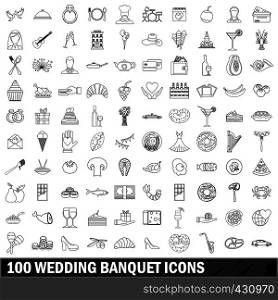 100 wedding banquet icons set in outline style for any design vector illustration. 100 wedding banquet icons set, outline style