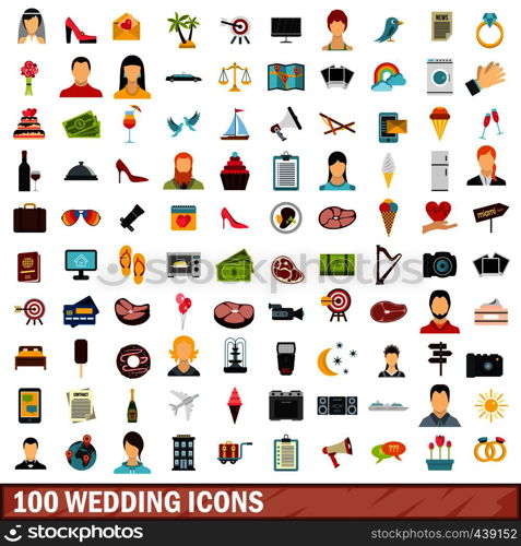 100 wedding icons set in flat style for any design vector illustration. 100 wedding icons set, flat style