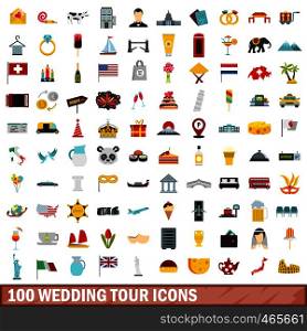 100 wedding tour icons set in flat style for any design vector illustration. 100 wedding tour icons set, flat style