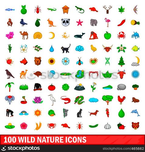 100 wild nature icons set in cartoon style for any design illustration. 100 wild nature icons set, cartoon style