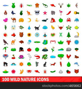 100 wild nature icons set in cartoon style for any design illustration. 100 wild nature icons set, cartoon style