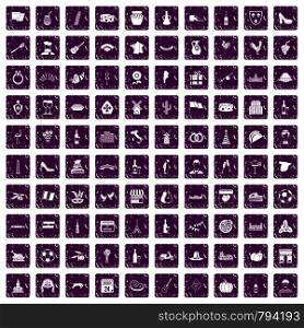 100 wine icons set in grunge style purple color isolated on white background vector illustration. 100 wine icons set grunge purple