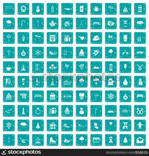 100 winter holidays icons set in grunge style blue color isolated on white background vector illustration. 100 winter holidays icons set grunge blue