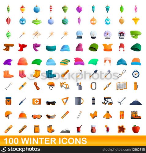 100 winter icons set. Cartoon illustration of 100 winter icons vector set isolated on white background. 100 winter icons set, cartoon style