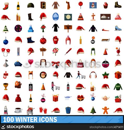 100 winter icons set in cartoon style for any design vector illustration. 100 winter icons set, cartoon style