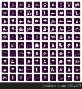100 winter icons set in grunge style purple color isolated on white background vector illustration. 100 winter icons set grunge purple