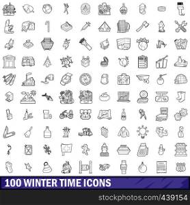 100 winter time icons set in outline style for any design vector illustration. 100 winter time icons set, outline style