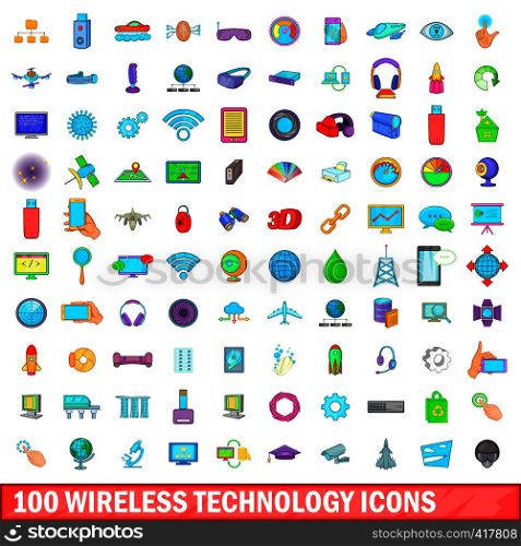 100 wireless technology icons set in cartoon style for any design vector illustration. 100 wireless technology icons set, cartoon style