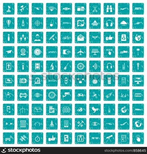 100 wireless technology icons set in grunge style blue color isolated on white background vector illustration. 100 wireless technology icons set grunge blue