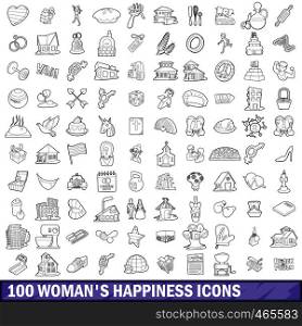 100 woman happiness icons set in outline style for any design vector illustration. 100 woman happiness icons set, outline style