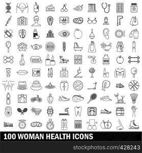 100 woman health icons set in outline style for any design vector illustration. 100 woman health icons set, outline style