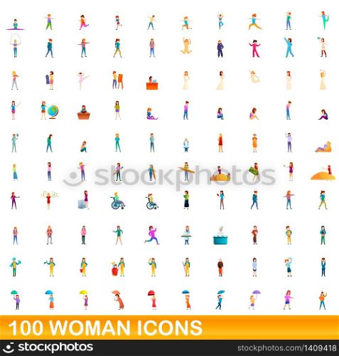 100 woman icons set. Cartoon illustration of 100 woman icons vector set isolated on white background. 100 woman icons set, cartoon style