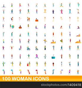 100 woman icons set. Cartoon illustration of 100 woman icons vector set isolated on white background. 100 woman icons set, cartoon style